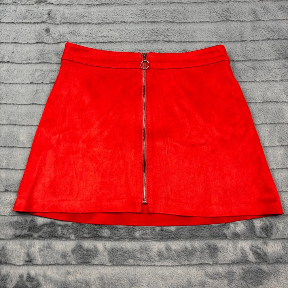 Zara Trafaluc Red Faux Suede Front Zip Ring Pull Mini Skirt Womens Small 11587